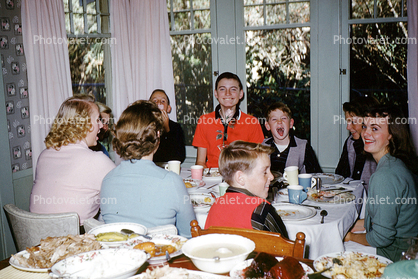 Family Dinner Party, Table Setting, women, men, boys, 1950s