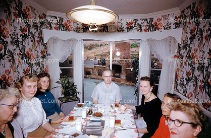 Family, Dinner Party, Table Setting, women, men, wallpaper, 1950s
