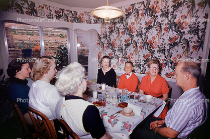 Dinner Party, Table Setting, dinner, bread, women, men, wallpaper, 1950s