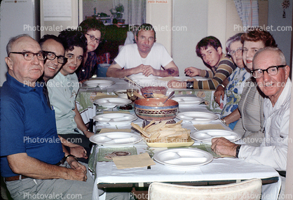 Dinner Party, Table Setting, dinner, bread, women, men, feast, 1950s