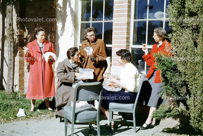 Lunch Party, Women, Coats, Backyard, Chairs, Eating Sandwiches, Cold, Smoking, 1940s