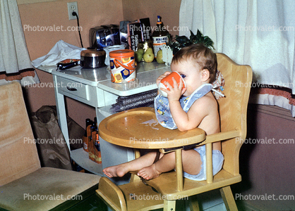 Baby Drinking in Kitchen, Highchair, toddler, barefeet, barefoot, 1960s