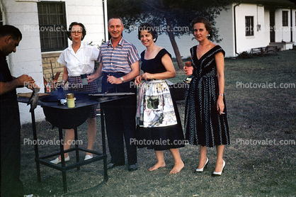 BBQ, Barbecue, Chicken, Man, Woman, Backyard, Smoking, High Heels, Apron, 1960s