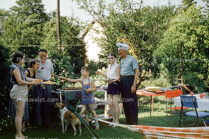 BBQ, backyard, outdoors, exterior, outside, 1960s