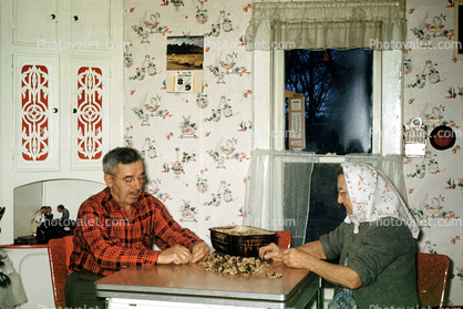 woman, man, preparing food, mushrooms, wallpaper, window, truffles, 1950s