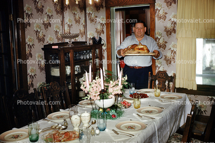 Thanksgiving Turkey Dinner, Table Setting, Man, Fat, Plates, 1950s