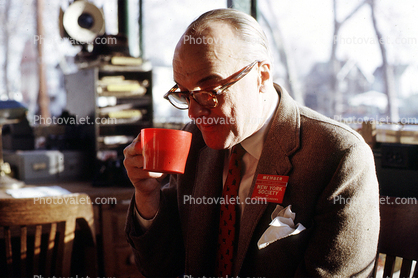 Drinking Coffee, Cup, Man, Male, Glasses, Bald, 1960s