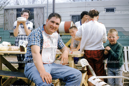 Picnic Table, Man, Male, Lunch, Sunny, Outdoors, Exterior, 1958, 1950s
