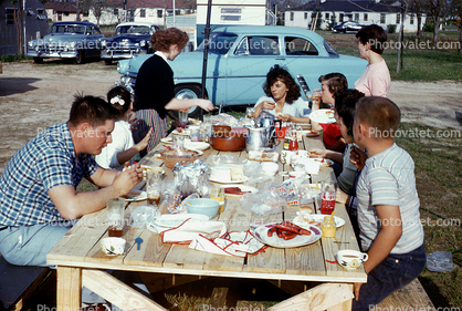 Picnic Table, Car, Man, Male, Lunch, Sunny, Outdoors, Exterior, 1958, 1950s
