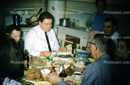 Dinner, Roast, meat, kitchen, Man, Plates, Table, Setting, Formal, Thanksgiving, 1957, 1950s