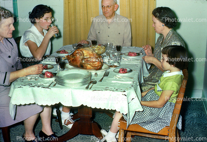 Thanksgiving, Turkey Dinner, Woman, Man, Child, Girl, Plates, Formal, 1950s