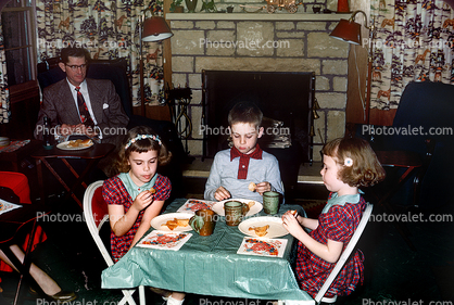 Family Gathering, Children's Table, Chairs, Fireplace, Twins, Thanksgiving Dinner, 1950s