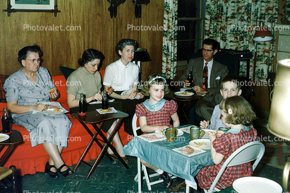 Family Gathering, Childrens Table, Chairs, Sofa, Thanksgiving Dinner, Twins, TV Trays, 1950s
