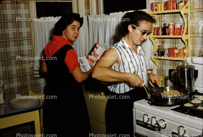 Cooking in the Kitchen, Burner, Frying Pan, Women, bowl, coffee maker, 1950s