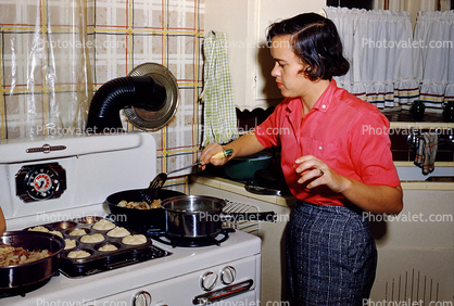 Cooking in the Kitchen, Burner, Pop Over, Buns, Clock, Pot, Oven, Women, bowl, 1950s