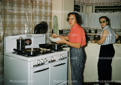 Cooking in the Kitchen, Burner, Oven, Women, bowl, coffee maker, 1950s