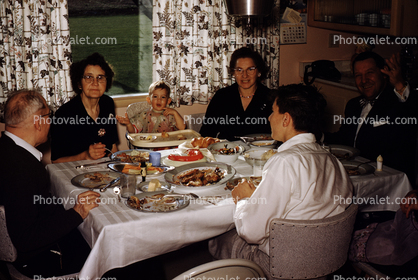 1950s, Holiday Dinner. Women, Men, couples, Mouth full, Table Cloth