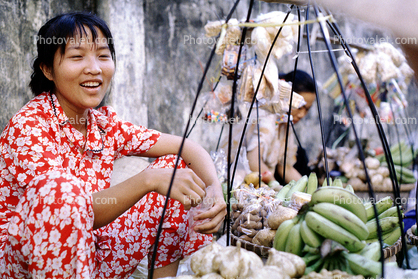 Woman, Smiles, Fruit, Bananas, Saigon, Vietnam