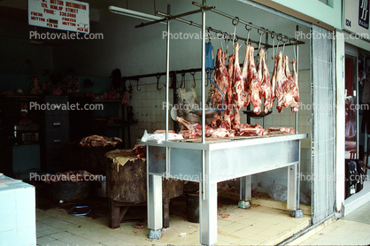 Raw Red Meat, Hanging, Table, Shop, Store