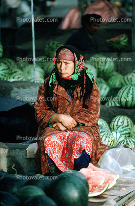 Woman, Melon, Cold, Jacket, Samarkand, Uzbekistan