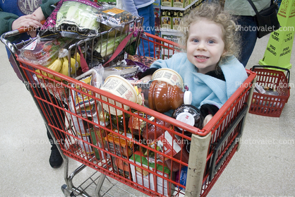 Girl in Shopping Cart, supermarket