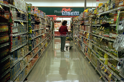Shopping Cart, Woman, Fresh Meats, Grocery Aisle, Supermarket, Supermarket Aisles