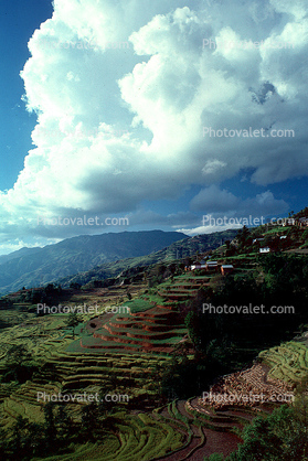 Clouds, steep hills, Terraced Rice Fields, Terrace