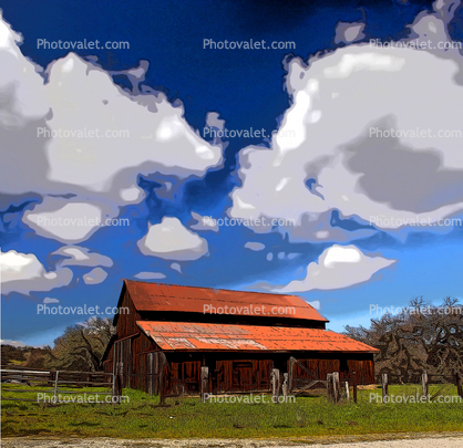 Transcendental Red Barn under the Clouds, Paintography