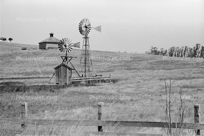 Eclipse Windmill, shed, shack, fence, fields, Sonoma County, California