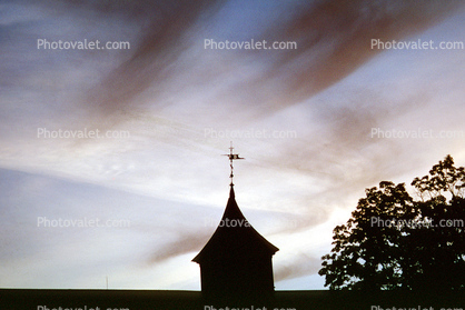 Weathervane, clouds, steeple, Burklyn Hall Burke, Vermont