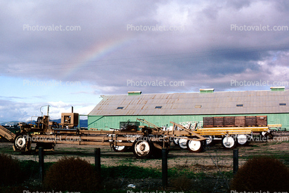 Barn, farm equipment, rainbow, building, pipes, piping