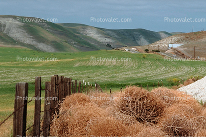 Fields, fence, hills, mountains