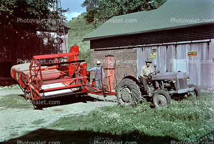 Old Tractor and Square Baler, barn, building, swather, windrower, 1940s