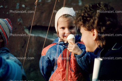 ice cream cone, Girl, Jacket, Cold, Hat
