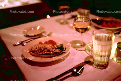 Glass of wine, Water, plate, table setting, 27 May 1984