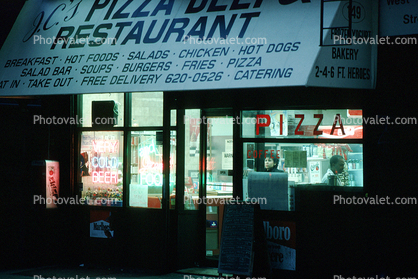 Looking Inside a Restaurant at Night, Full Table of Food, Plates, 22 November 1989