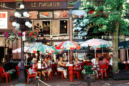 Tables, Parasol, Umbrella, building, people, Le Magasin, Vancouver Canada