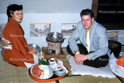 Woman, Kimono, man, Japanese Food, 1950s