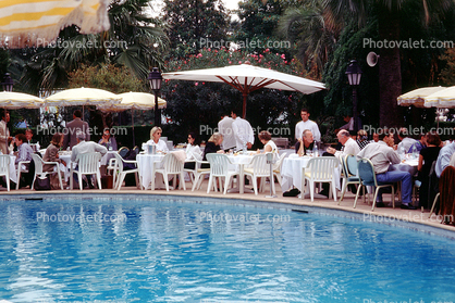 Poolside, Outdoor Cafe, table, people, parasol, umbrella