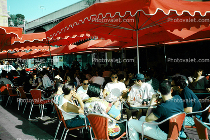 Outdoor Cafe, table, people, parasol, umbrella