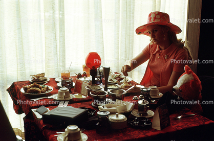 Formal Lunch. Woman, Table Cloth, setting, glassware, plates, Hat