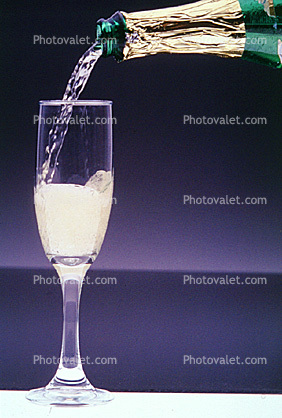 pouring, sparkling, liquid, foam, bubbles, champagne, bottle, glass