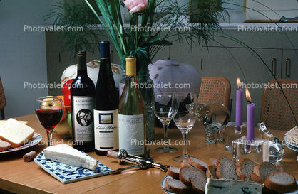 Wine Bottles, Cheese, Bread, Candles, Corkscrew, corker, bottle opener, cork