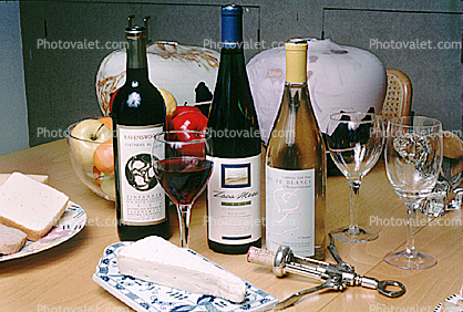 Wine Bottles, Brie, Cheese, Corkscrew, corker, bottle opener, cork, fruit bowl