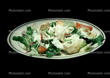 Green Salad, croutons, Blue Cheese Dressing, plate