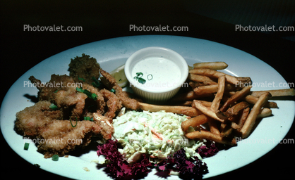 fried shrimp, french fries, coleslaw, tarter sauce, seafood, shellfish, plate, deep-fried