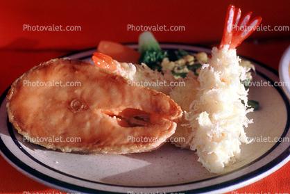 salmon and deep fried shrimp, deep-fried