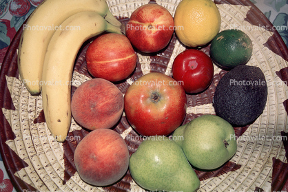 fruit bowl, apple, pear, peach, lemon, lime,