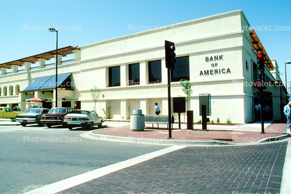 Bank of America Building, Crosswalk, Cars, Parked, Parking, Stop Light