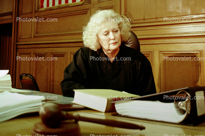 Trial, Court Session, Judge, Female, Woman, Gavel, books
